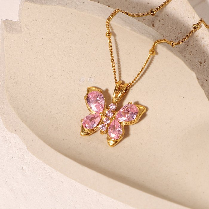 nouveau collier pendentif en forme de papillon en zircon rose en acier inoxydable plaqué or 18 carats