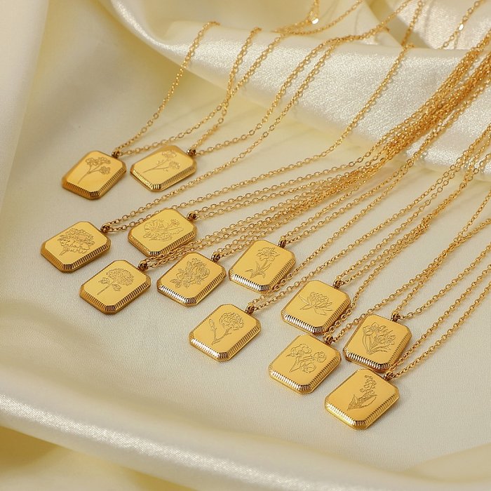 Colar pingente quadrado de jóias de flores de dezembro de aço inoxidável banhado a ouro 18k