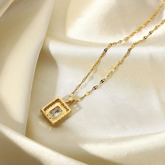 18K goldplated stainless steel jewelry square white cubic zircon pendant necklace female