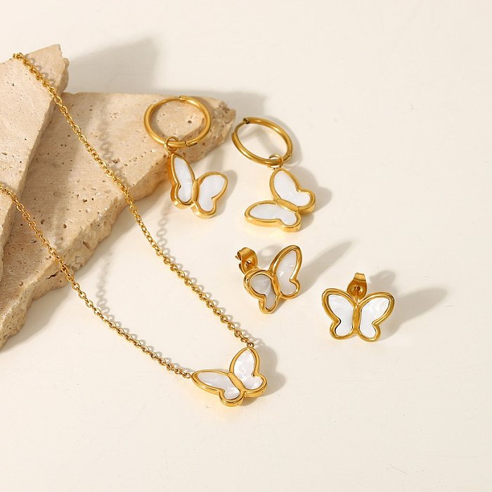 Pendientes de collar de acero inoxidable con forma de mariposa de concha blanca natural de oro de 18 quilates