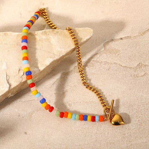 INS Style Colorful Ceramic Beaded Stitching Cuban Link Chain 18K Gold OT Buckle Love Pendant Stainless Steel Necklace Neck Accessories Female