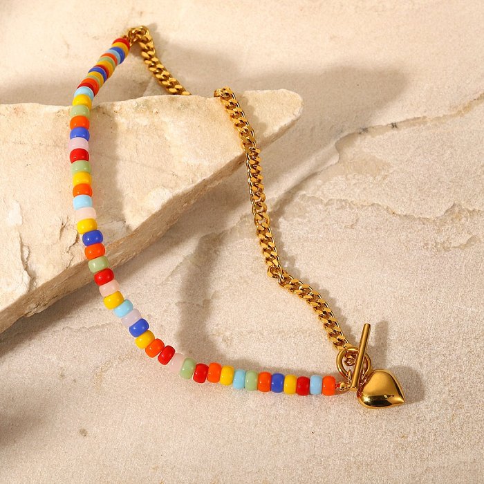 INS Stil bunte Keramik Perlen Nähte kubanische Gliederkette 18 Karat Gold OT Schnalle Liebe Anhänger Edelstahl Halskette Hals Zubehör weiblich