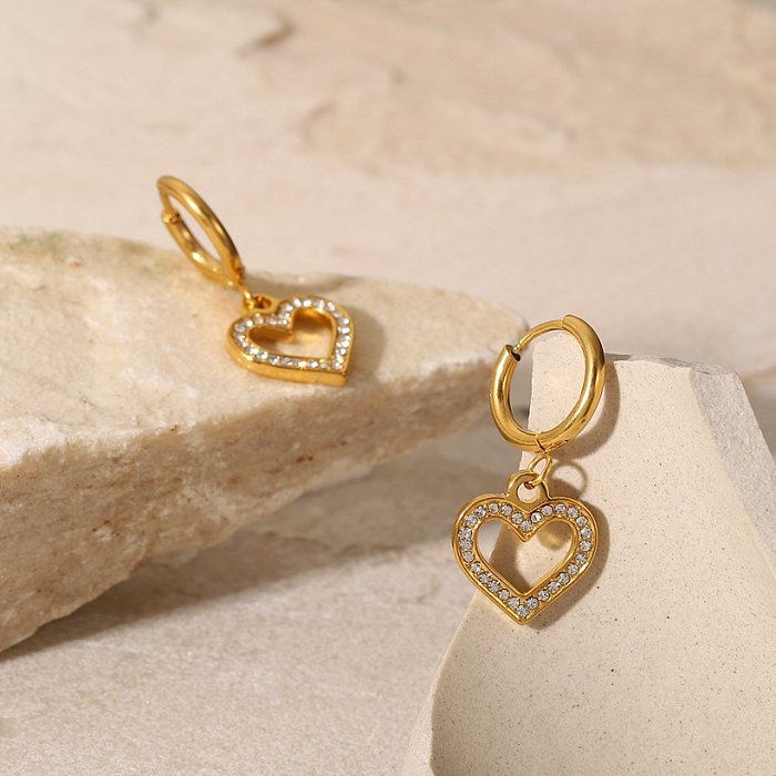 Brincos de pingente de pingente de zircão em forma de coração de aço inoxidável de ouro 18k fashion