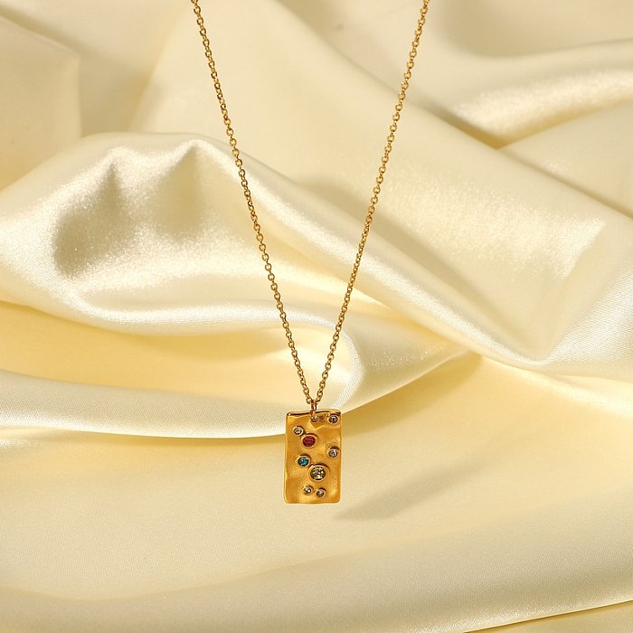 fashion retro 18K stainless steel colored zirconium hammer pattern square tag necklace