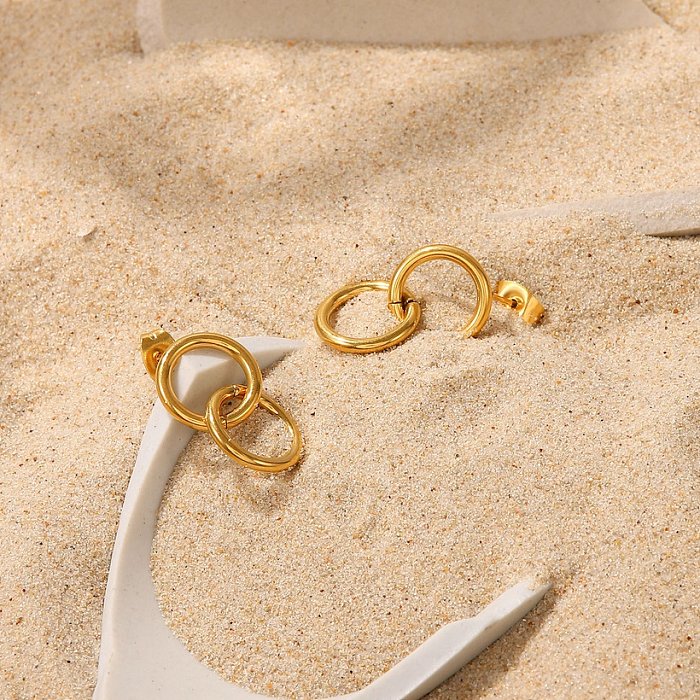 Brincos pingente de círculo duplo de aço inoxidável banhado a ouro 18K fashion