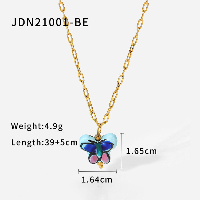 retro flower butterfly ceramic pendant 18K gold stainless steel cross chain necklace