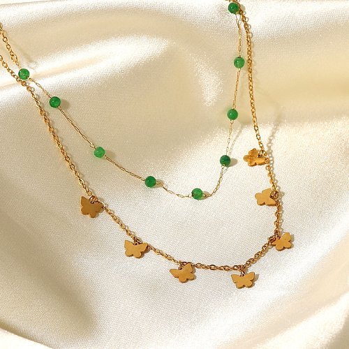 Moda ouro 18k ornamento de aço inoxidável pedra verde miçangas pequenas borboleta borla colar de aço titânio duplo