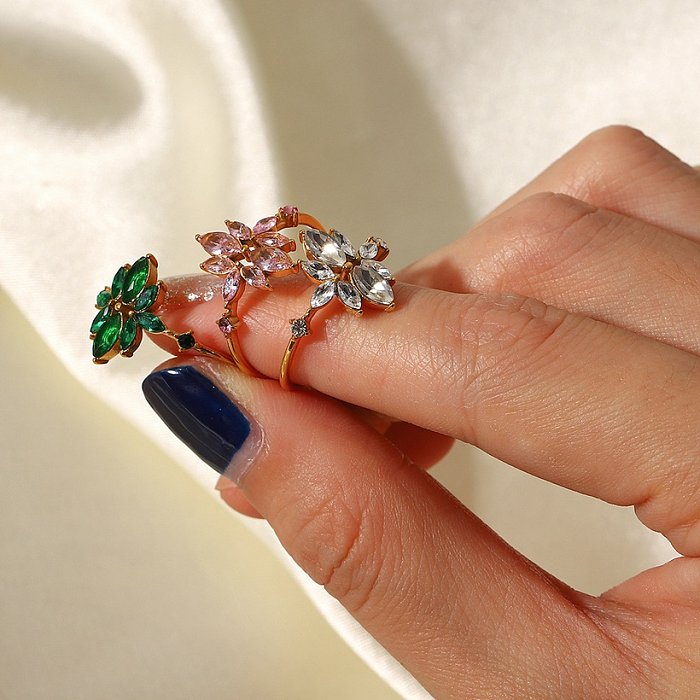 Fashion Flower Stainless Steel Open Ring Gold Plated Zircon Stainless Steel Rings