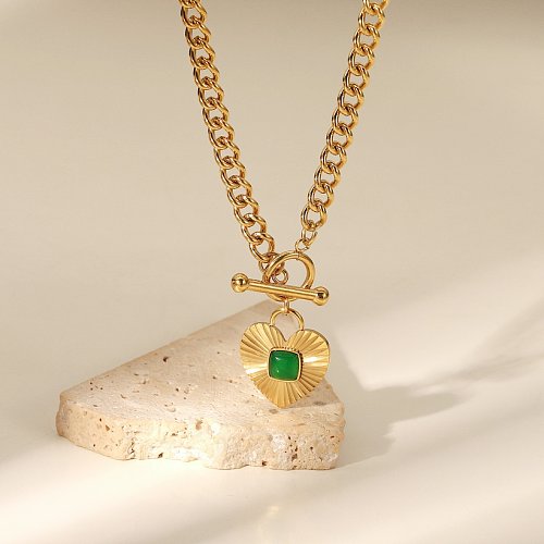 new heartshaped green agate OT buckle Cuban chain stainless steel necklace