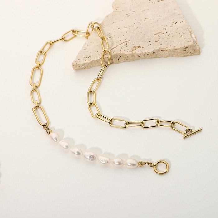 Joyería al por mayor estilo barroco empalme cadena de perlas collar de acero de titanio joyería