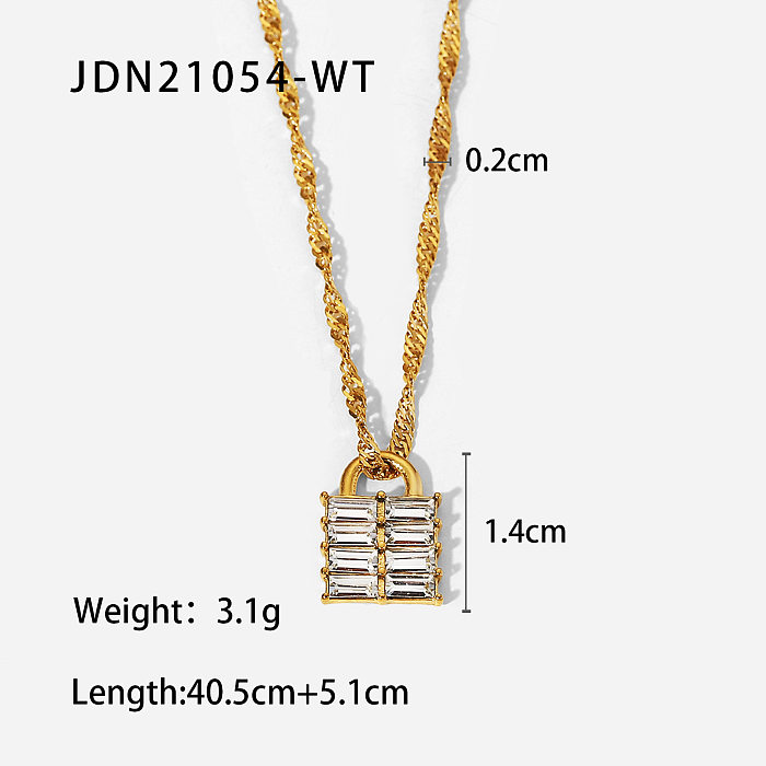Nuevo collar con colgante de cerradura de acero inoxidable con circonita cuadrada chapada en oro de 18 quilates