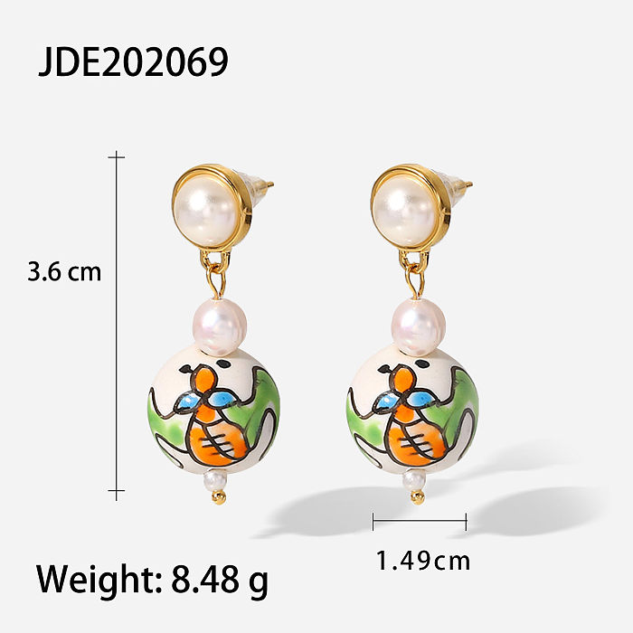 New Style Geometric 18K goldplated Pearl Painted Ceramic Pendant Stainless Steel Earrings