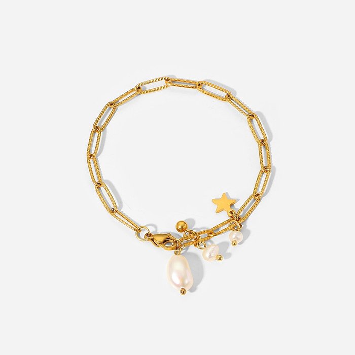 Moda 18K chapado en oro estrella perla borla colgante cadena cruzada pulsera de acero inoxidable mujeres