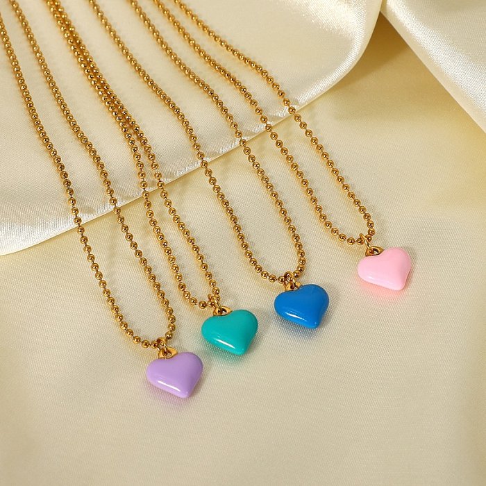 Fashion Stainless Steel Colorful Enamel Heart Pendant Bead Chain Necklace Jewelry