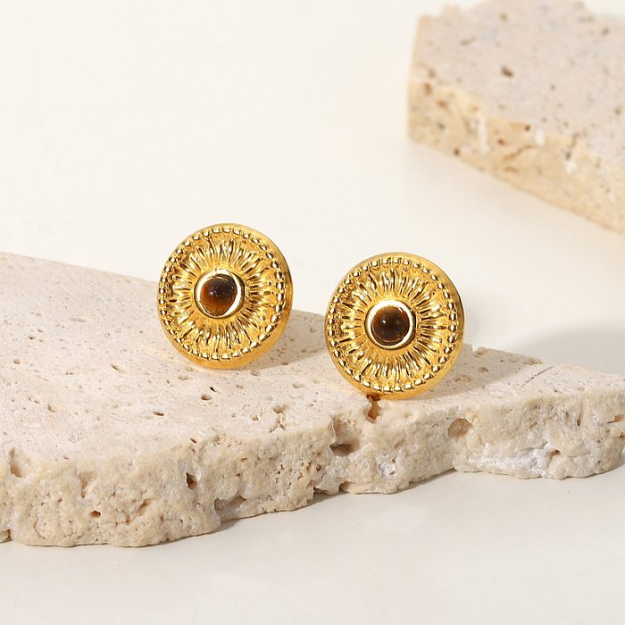 Boucles d'oreilles en acier inoxydable en or 18 carats avec bouton rond incrusté d'opale rétro nouvelle mode