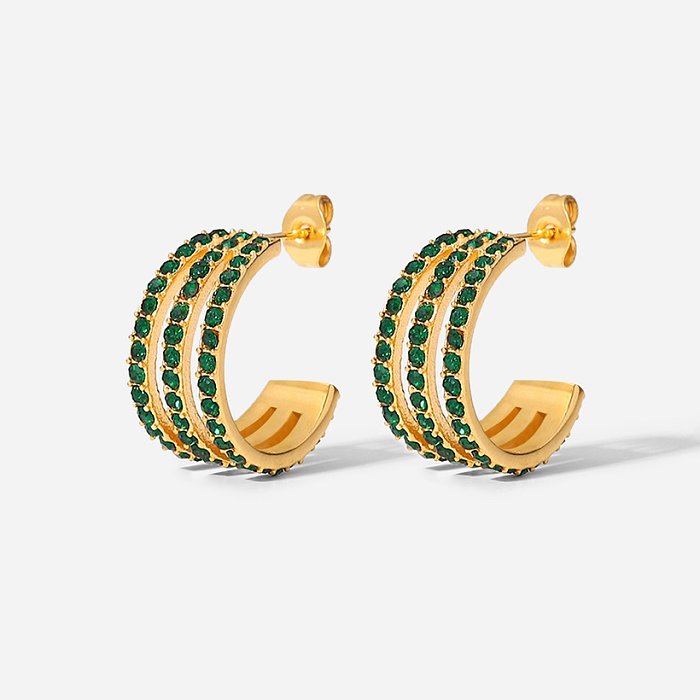 Boucles d'oreilles géométriques en forme de C en forme de C linéaire en acier inoxydable à la mode en or 18 carats et vert