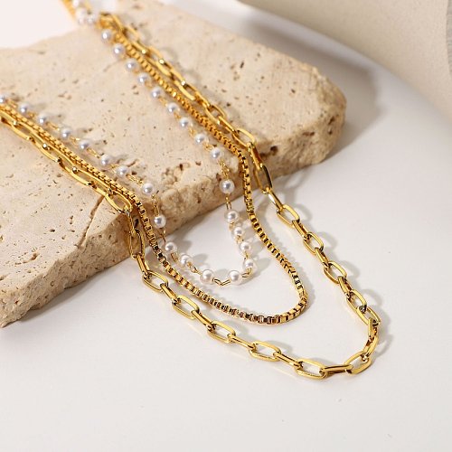 Colar feminino de três camadas de corrente de pérola pequena de aço inoxidável ouro 18k fashion