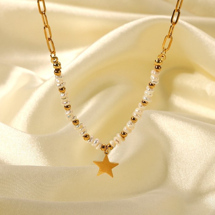 fashion 18K goldplated stainless steel star pendant pearl beads stitching necklace