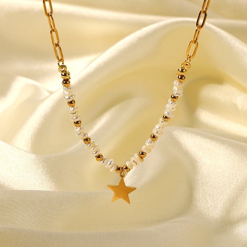 colar de costura de pérolas de pérolas de pingente de estrela de aço inoxidável banhado a ouro fashion 18k