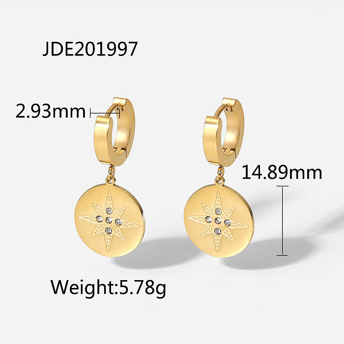 Retro-Ohrringe aus 14 Karat Gold mit achtzackigem Stern und runden Zirkonanhängern aus Edelstahl