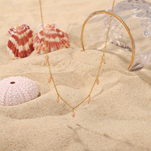 Fashion pink millet beads tassel 18K gold stainless steel necklace