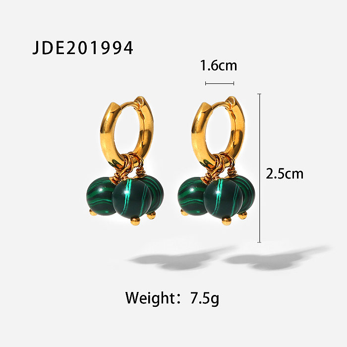 Brincos com pingente de três borlas de malaquita verde ouro 18K em aço inoxidável