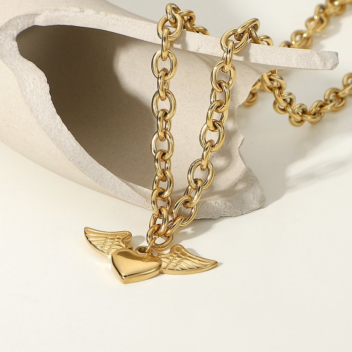 collier pendentif coeur ailes d'ange Ochain épais en or 14 carats rétro en acier inoxydable