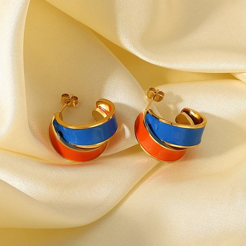 fashion retro 14K gold stainless steel contrast color matching drop oil hoop earrings