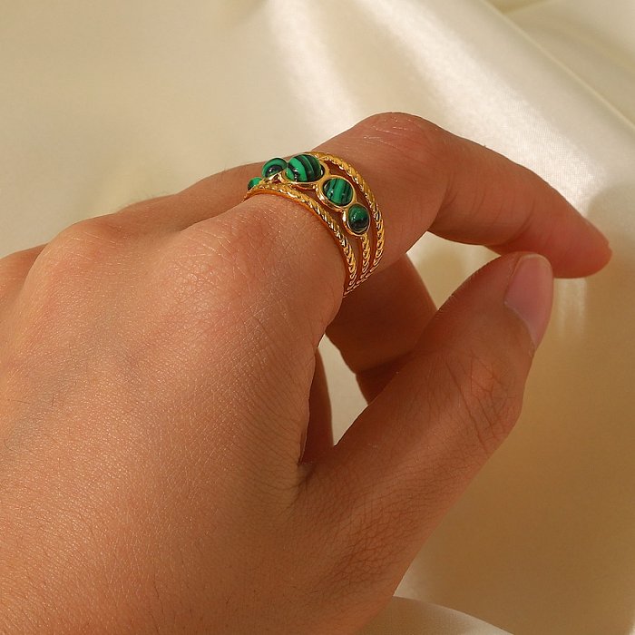 Art- und Weisenatürliche Malachit-runde hohle wasserdichte Öffnungs-Edelstahl-Ring-Frauen