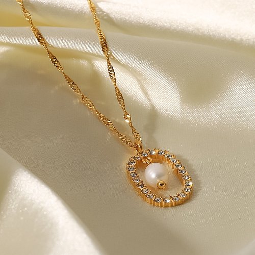 Fashion Geometric Stainless Steel Pendant Necklace Gold Plated Pearl Zircon Necklaces
