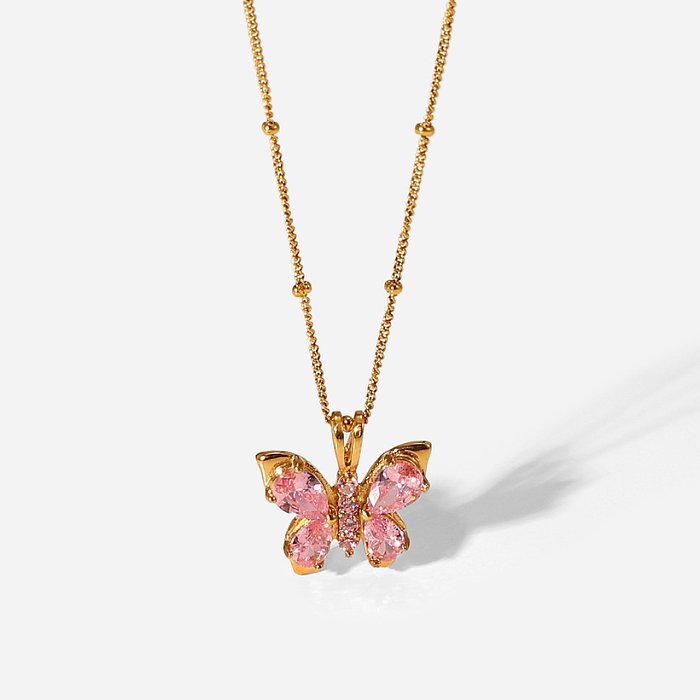 nuevo collar con colgante en forma de mariposa de circón rosa de acero inoxidable chapado en oro de 18 quilates