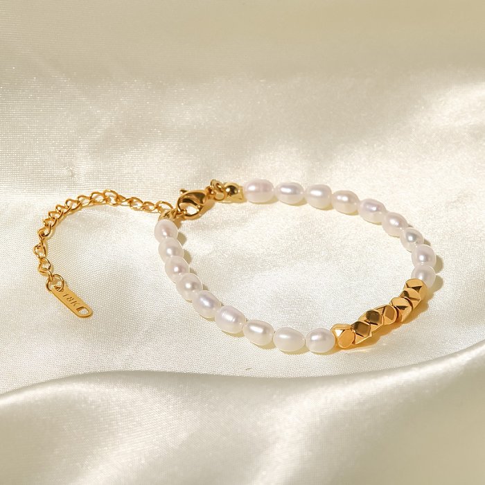 Elegantes pulseras geométricas de acero inoxidable Pulseras de acero inoxidable con perlas chapadas en oro