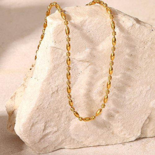 Fashion Simple 18K Gold Plated Oval Bead Chain Stainless Steel Necklace Womens Ornament