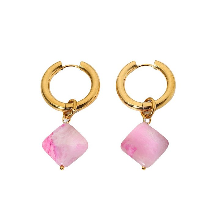Atacado pingente de pedra natural rosa em forma de diamante brincos de aço inoxidável jóias