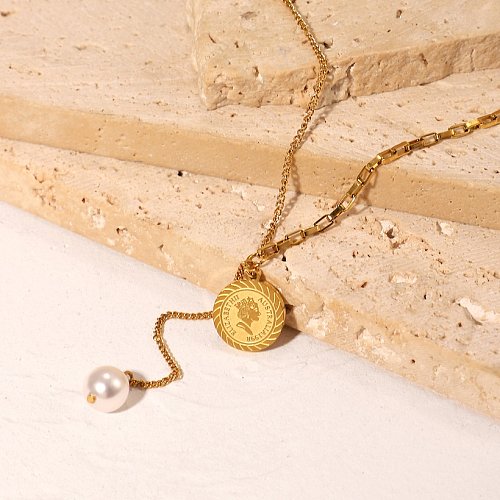 INS Internet Celebrity Same Titanium Steel Necklace 18K Stainless Steel Elizabeth Head Pearl Pendant YShaped Necklace for Women