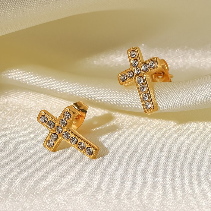 Fashion Cross Stainless Steel Ear Studs Gold Plated Zircon Stainless Steel Earrings