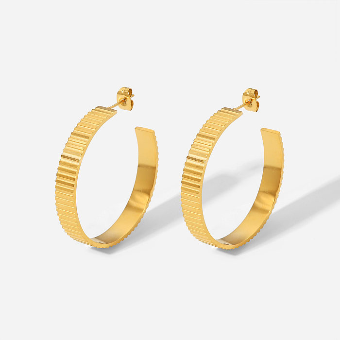 Fashion Simple 18K Gold Stainless Steel Rib CShaped Big Earrings