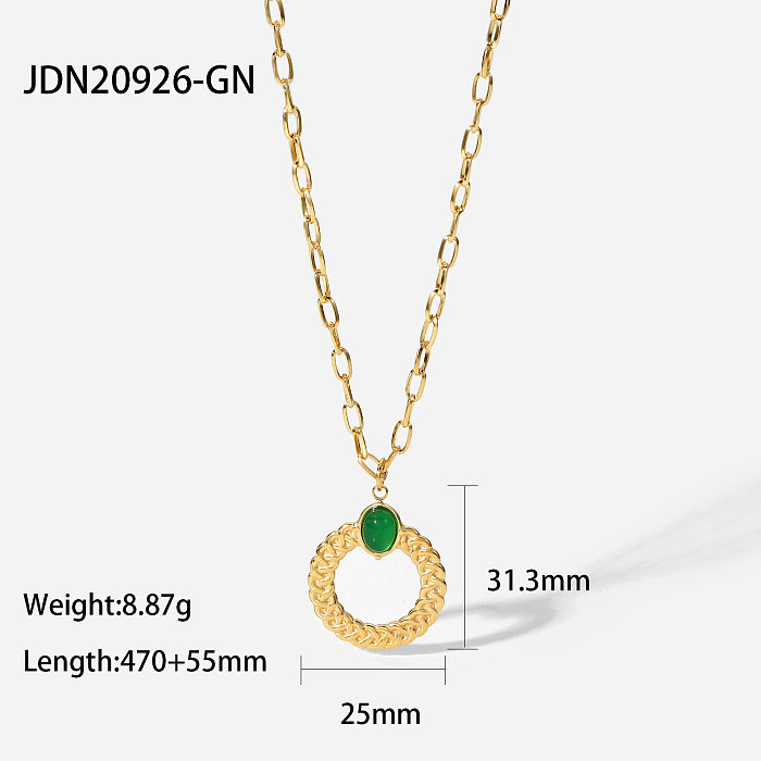 Collier en acier inoxydable en or 14 carats avec anneau torsadé et croix en agate verte incrustée