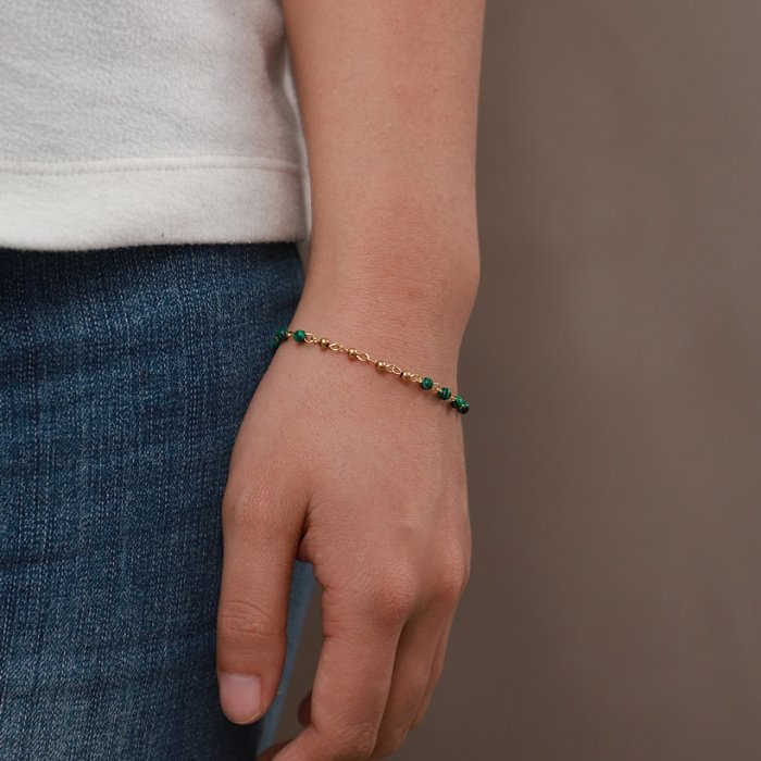 Womens Fashion Green Malachite round Beads 18K Gold Geometric Stainless Steel Bracelet
