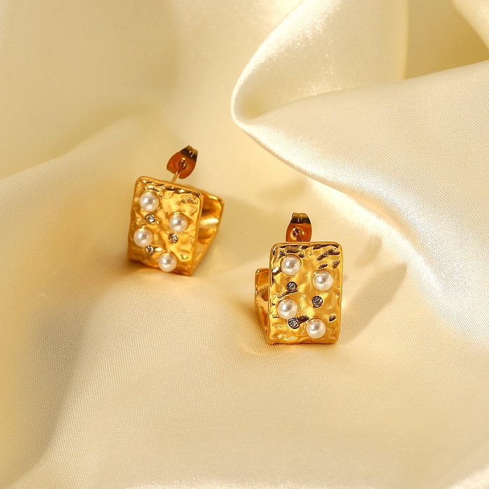 retro inlaid pearl hammer pattern square widefaced geometric stud earrings 18K gold stainless steel