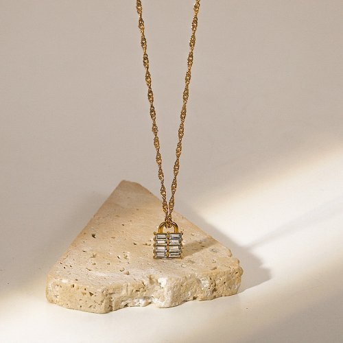 New 18K GoldPlated Square Zircon Stainless Steel Lock Pendant Necklace