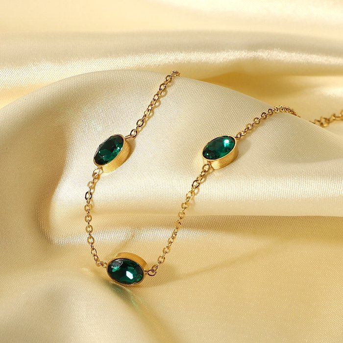 Nova jóia retrô oval verde zircão moda pulseira de aço inoxidável banhado a ouro 14K