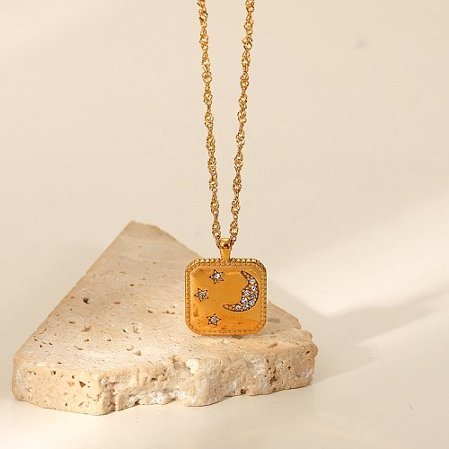 stainless steel square tag zircon star moon pendant necklace jewelry