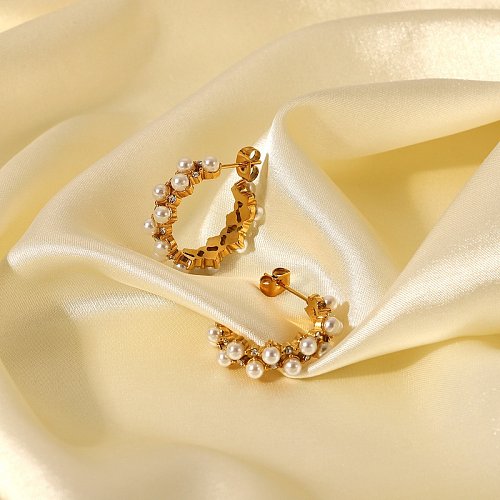 fashion doublelayer pearl zircon inlaid Cshaped 18K gold stainless steel earrings