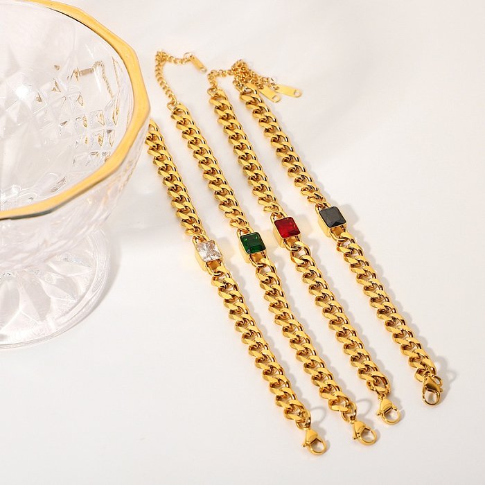 Bracelet en acier inoxydable plaqué or zircon coloré rectangle bijoux en gros