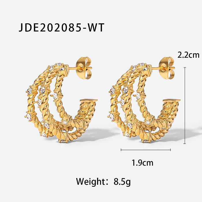 Fashion Gold Zircon CShaped Stainless Steel Hollow Plating Earrings