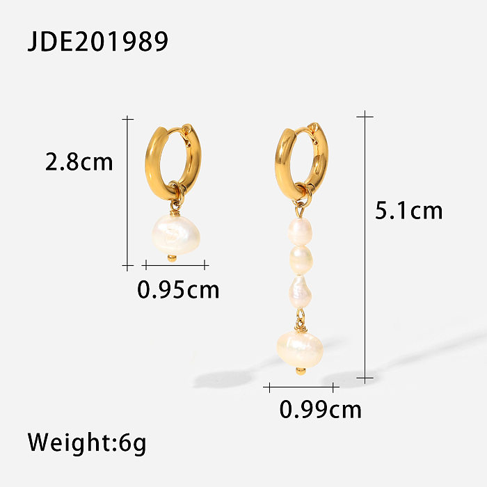 Fashion asymmetric pearl tassel 18K gold stainless steel earrings