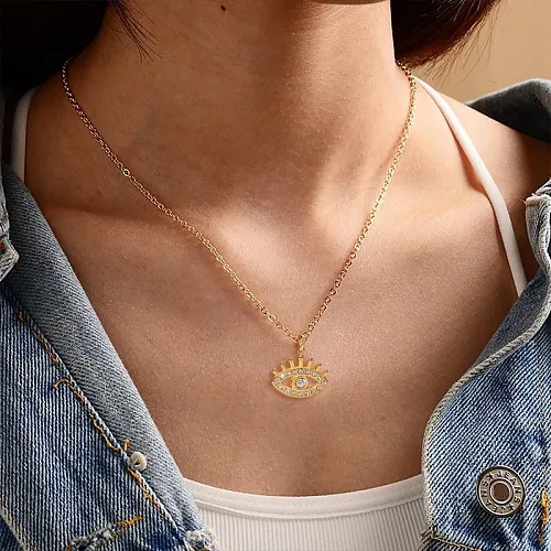Fashion 18K Gold Hollow Devils Eye Zircon Titanium Steel Pendant Stainless Steel Necklace
