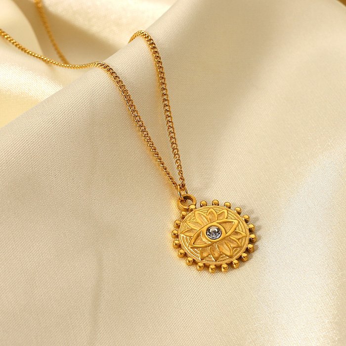 simple devils eye inlaid zirconium round pendant 18K gold stainless steel necklace