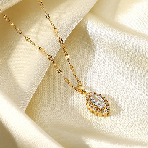 18k Gold Plated Stainless Steel Jewelry Spindle Shape White Cubic Zircon Pendant Necklace